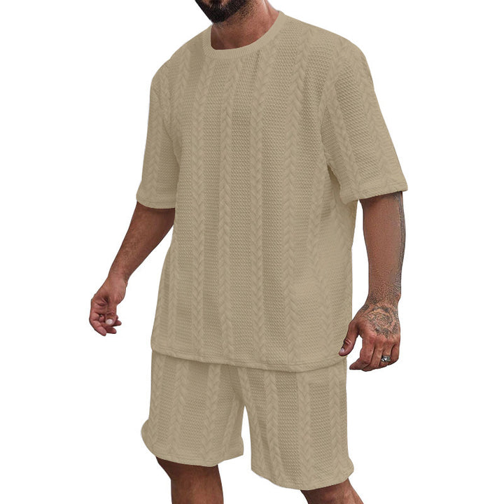 Men's relaxed braid-knit leisure set with wide short-sleeve shirt and elastic Bermuda StylebySassy