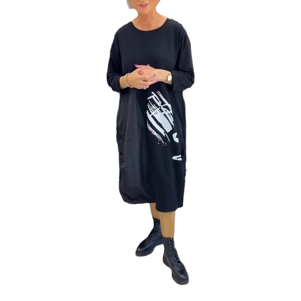 Women's casual jersey dress with side drawstring gathering, patch pockets and statement print StylebySassy