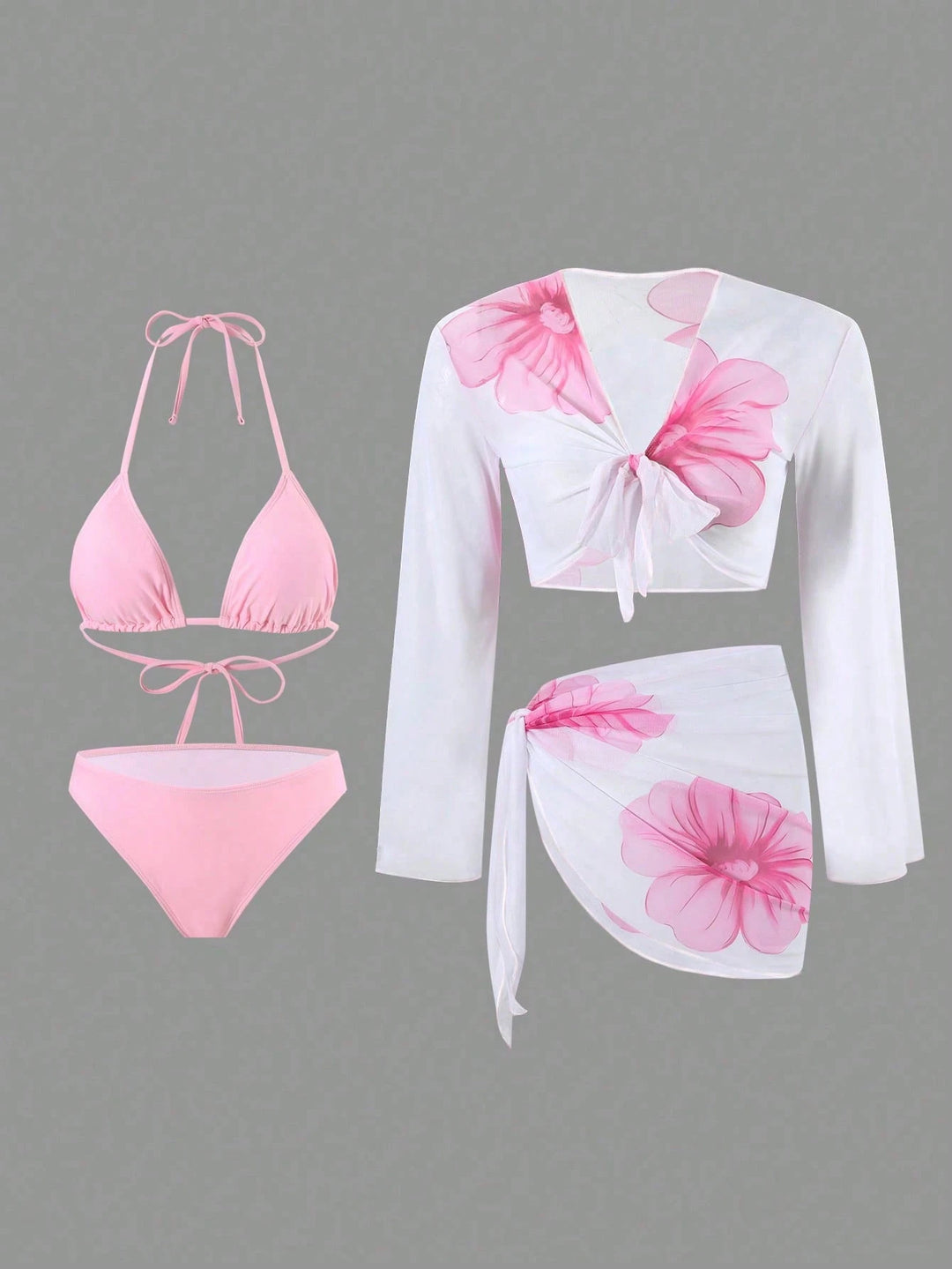 Women's bikini set with floral wrap cloth and long-sleeved top StylebySassy