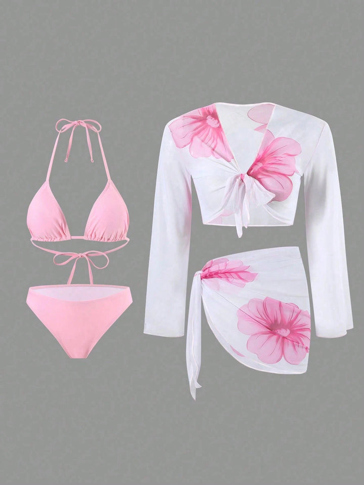 Women's bikini set with floral wrap cloth and long-sleeved top StylebySassy