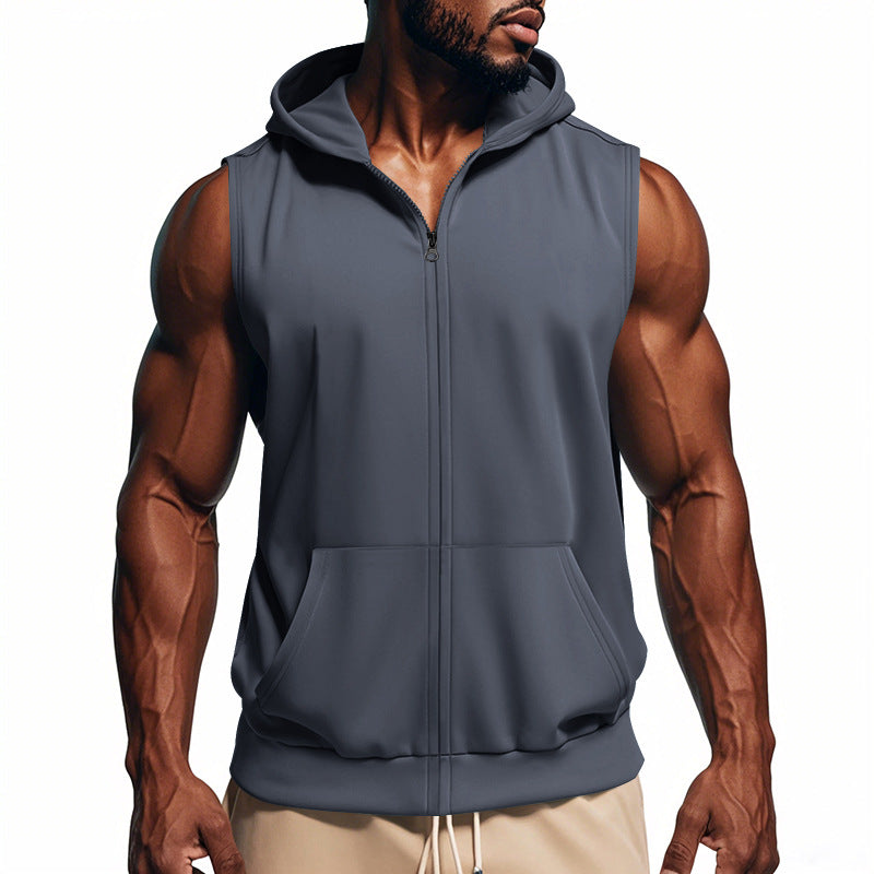 Men's muscle-fit training hoodie vest with zipper and kangaroo pocket StylebySassy