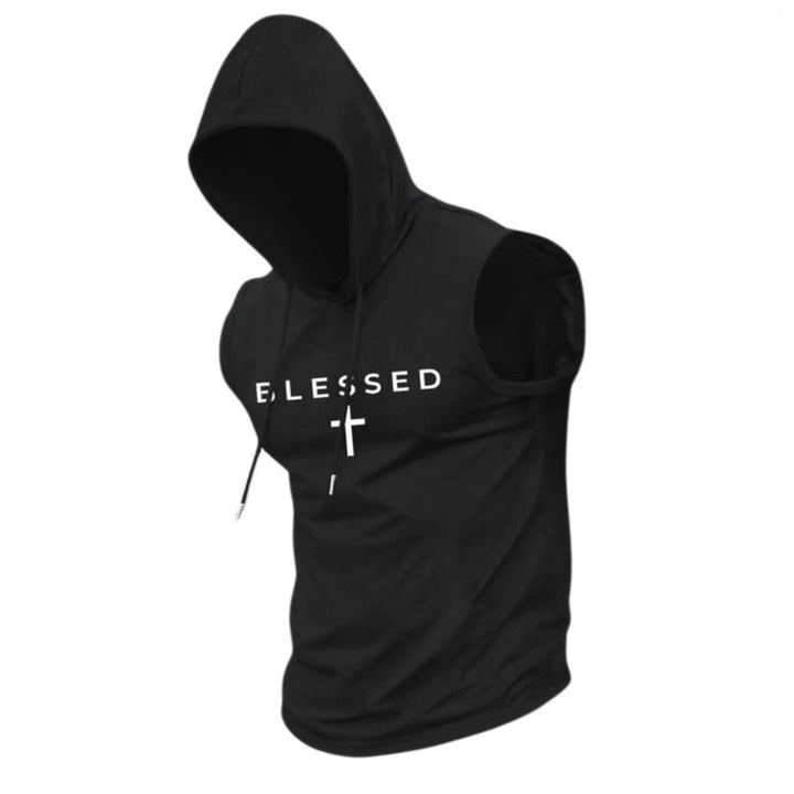 Men's sleeveless hoodie sweatshirt with slogan print and athletic fit StylebySassy