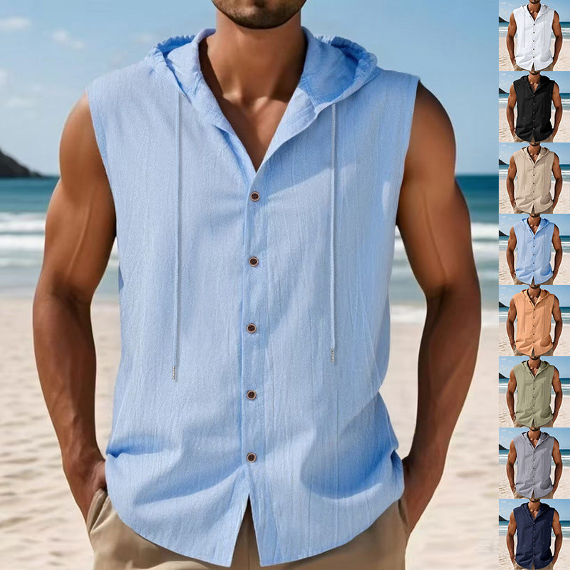 Men's sleeveless hooded shirt in linen look with wooden button placket StylebySassy