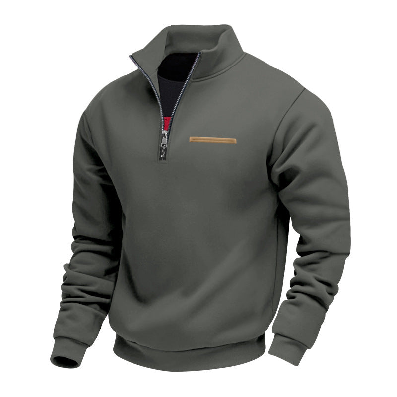 Men's half-zip sweatshirt made of heavy fleece with stand-up collar and concealed chest pocket StylebySassy