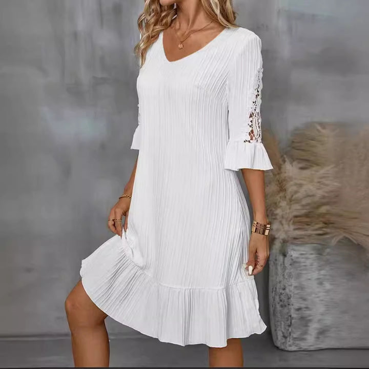 Women's lightweight pleated midi dress with V-neck, three-quarter sleeves with lace trim and ruffled hem StylebySassy