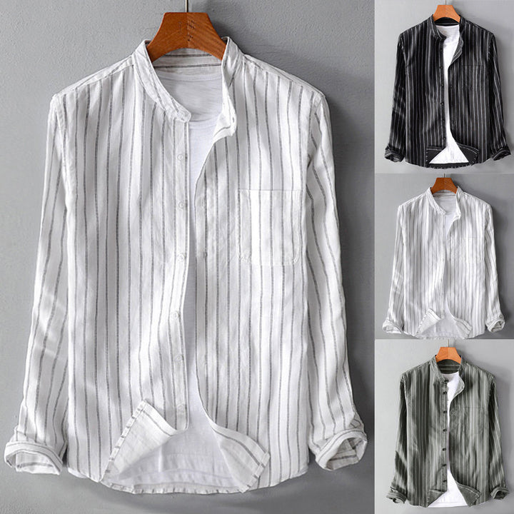Men's casual striped stand-up collar shirt made of linen-cotton mix with chest pocket StylebySassy