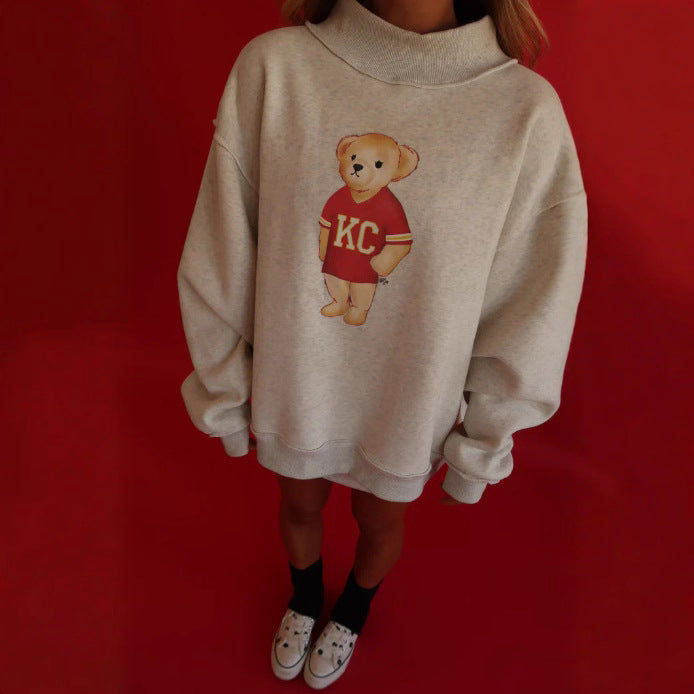 Women's oversized sweatshirt with teddy bear print and stand-up collar StylebySassy