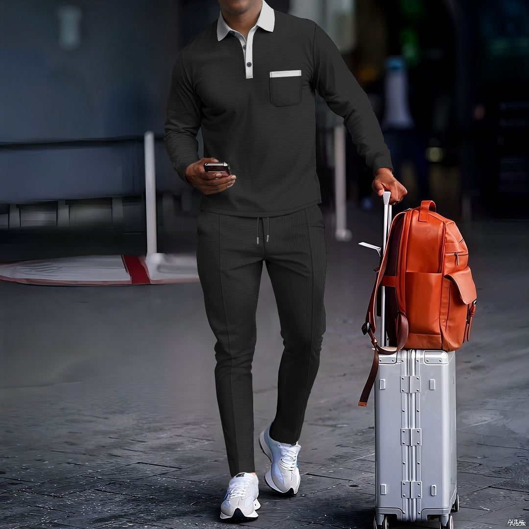 Men's travel set made of structured jersey with long sleeve polo shirt, chest pocket, and slim fit drawstring pants StylebySassy