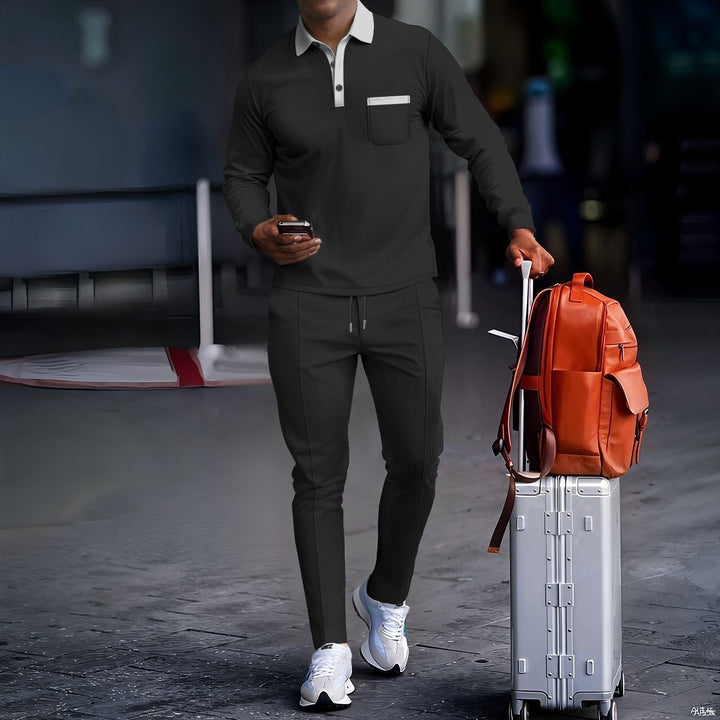 Men's travel set made of structured jersey with long sleeve polo shirt, chest pocket, and slim fit drawstring pants StylebySassy