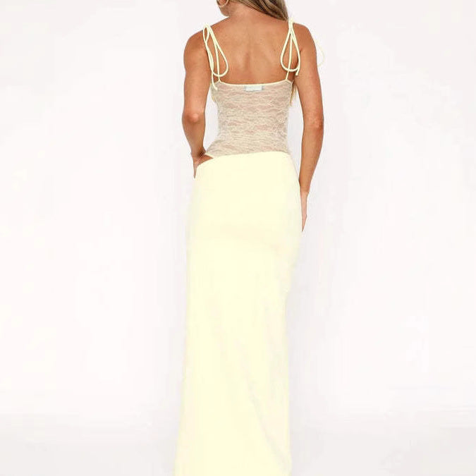 Women’s elegant max dress with transparent lace bodice, bandeau top, and tie straps StylebySassy