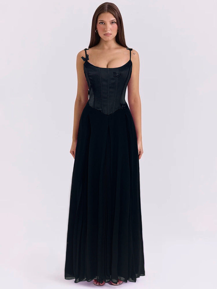 Women's bodycon corset maxi dress with butterfly straps and pleated chiffon skirt StylebySassy