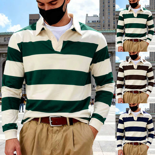 Men's striped rugby polo shirt made of cotton blend with short button placket and ribbed cuffs StylebySassy