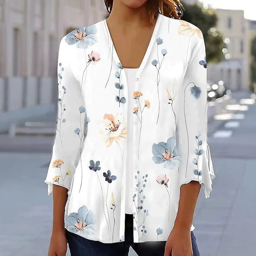 Women's light chiffon blouse with watercolor flower print, V-neck, button placket and three-quarter sleeves StylebySassy