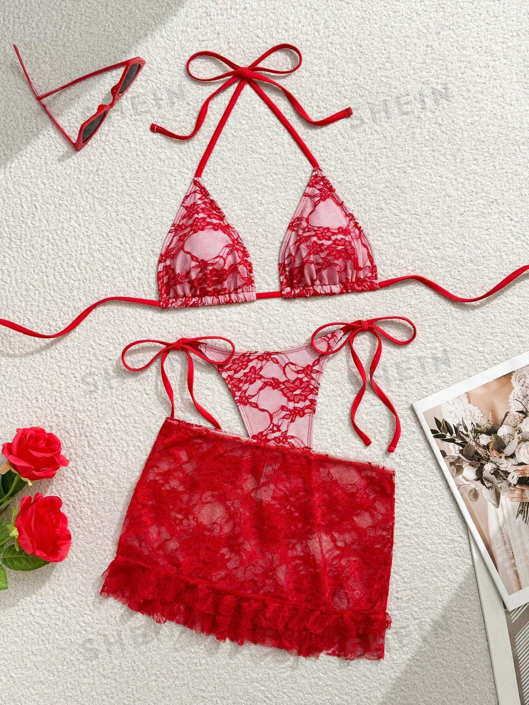 Ladies Lace Bikini with Floral Design and Flowing Skirt StylebySassy