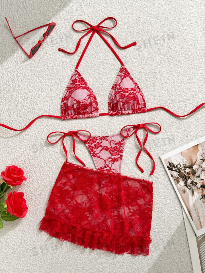 Ladies Lace Bikini with Floral Design and Flowing Skirt StylebySassy