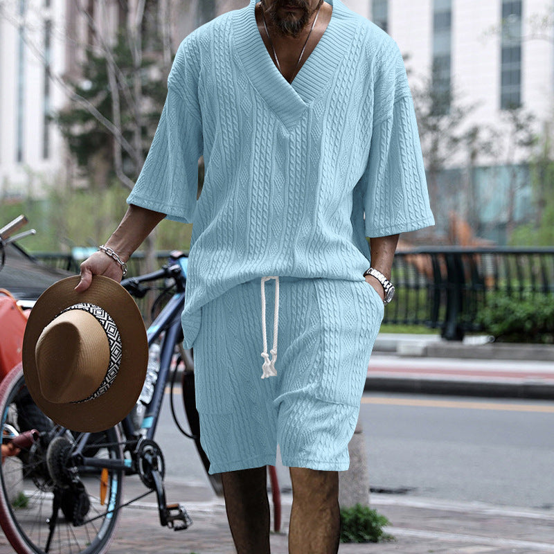 Men's casual structured knit set with deep V-neck boxy short sleeve sweater and drawstring shorts StylebySassy