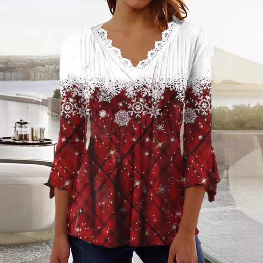 Women's Tunic blouse with lace V-neck, fine pleated yoke and wintry snowflake print StylebySassy