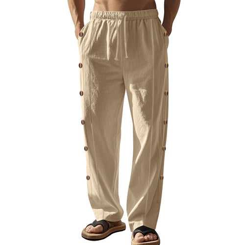 Men's casual beach pants with side button placket, elastic drawstring waistband, and wide leg StylebySassy