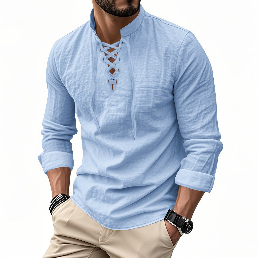Men's casual sailor-style shirt with stand collar and lace-up front StylebySassy