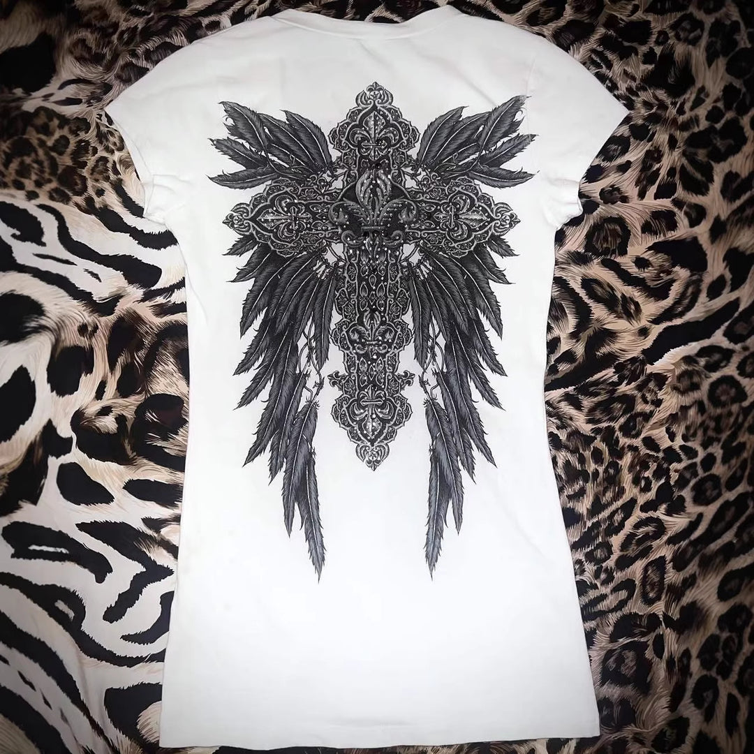 Women V-Neck T-Shirt with Artistic Cross Design StylebySassy