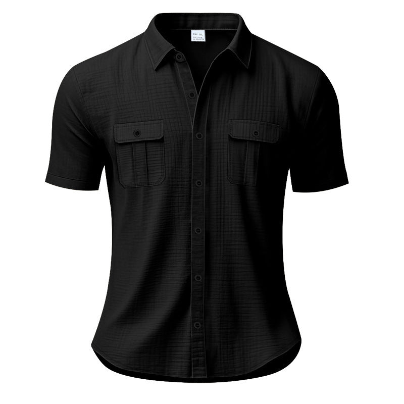 Men's structured short sleeve shirt in linen gauze look with flap pockets and rounded hem StylebySassy