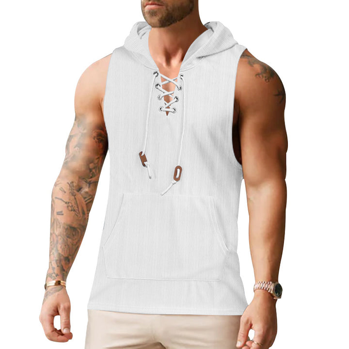 Men sleeveless hoodie sweatshirt with laced collar and kangaroo pocket StylebySassy