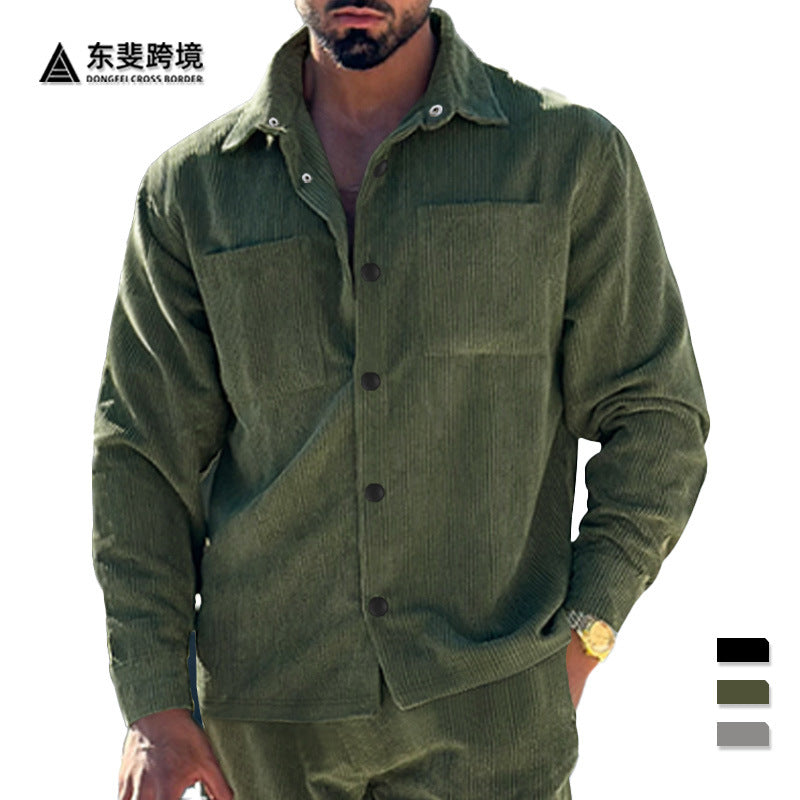 Men's padded corduroy overshirt jacket with visible button placket and chest welt pockets StylebySassy