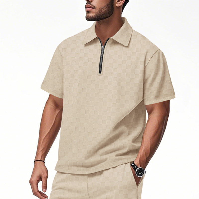 Men's short half-zip polo shirt made of structured waffle piqué with shirt collar and fitted silhouette StylebySassy