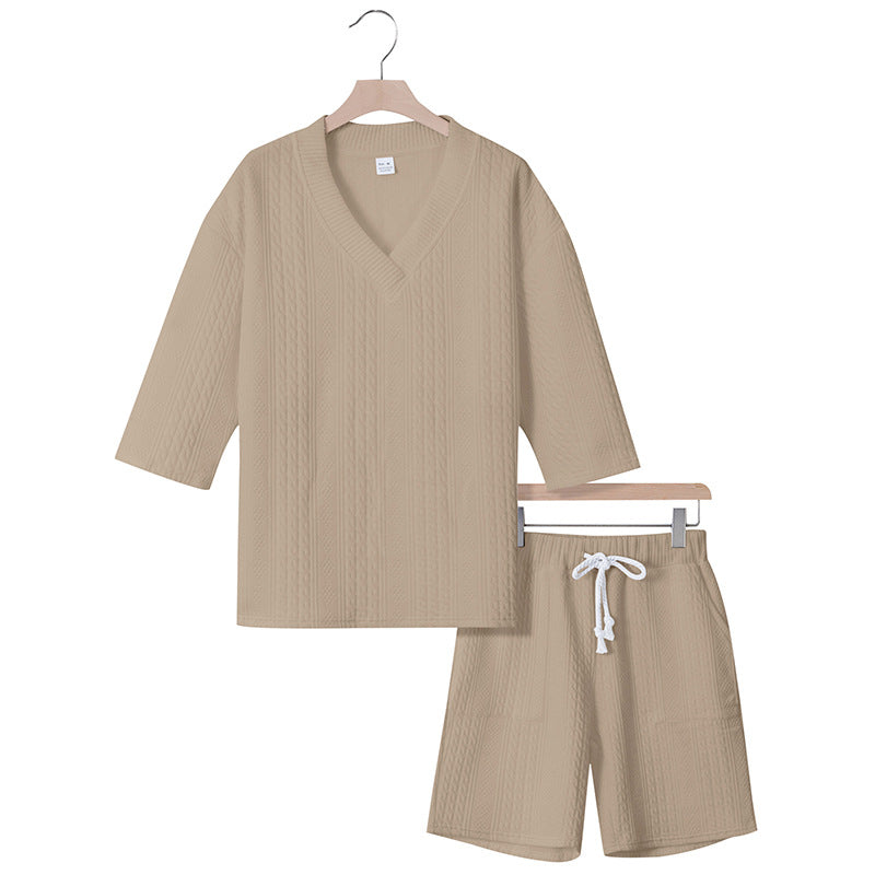 Unisex casual lounge set with V-neck top and drawstring shorts StylebySassy