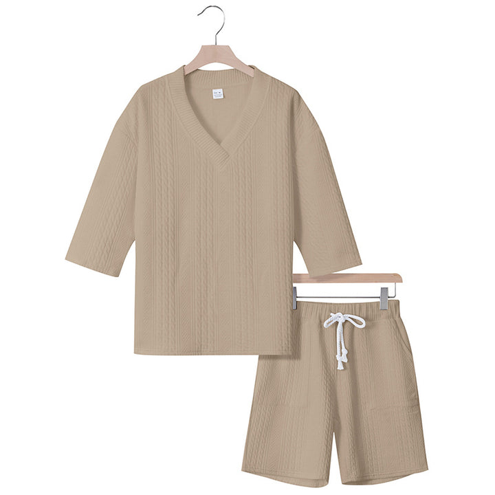Unisex casual lounge set with V-neck top and drawstring shorts StylebySassy