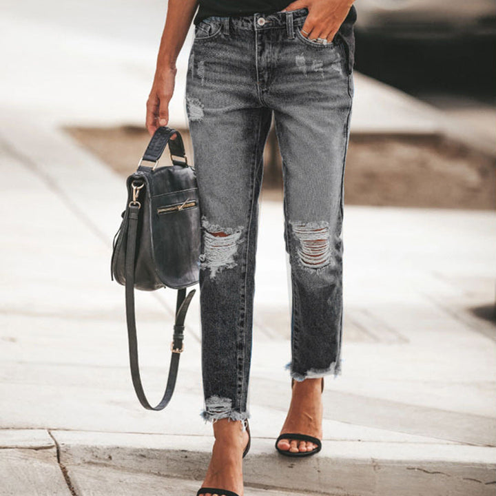 Ladies Ripped Denim Jeans with relaxed fit and frayed hem StylebySassy