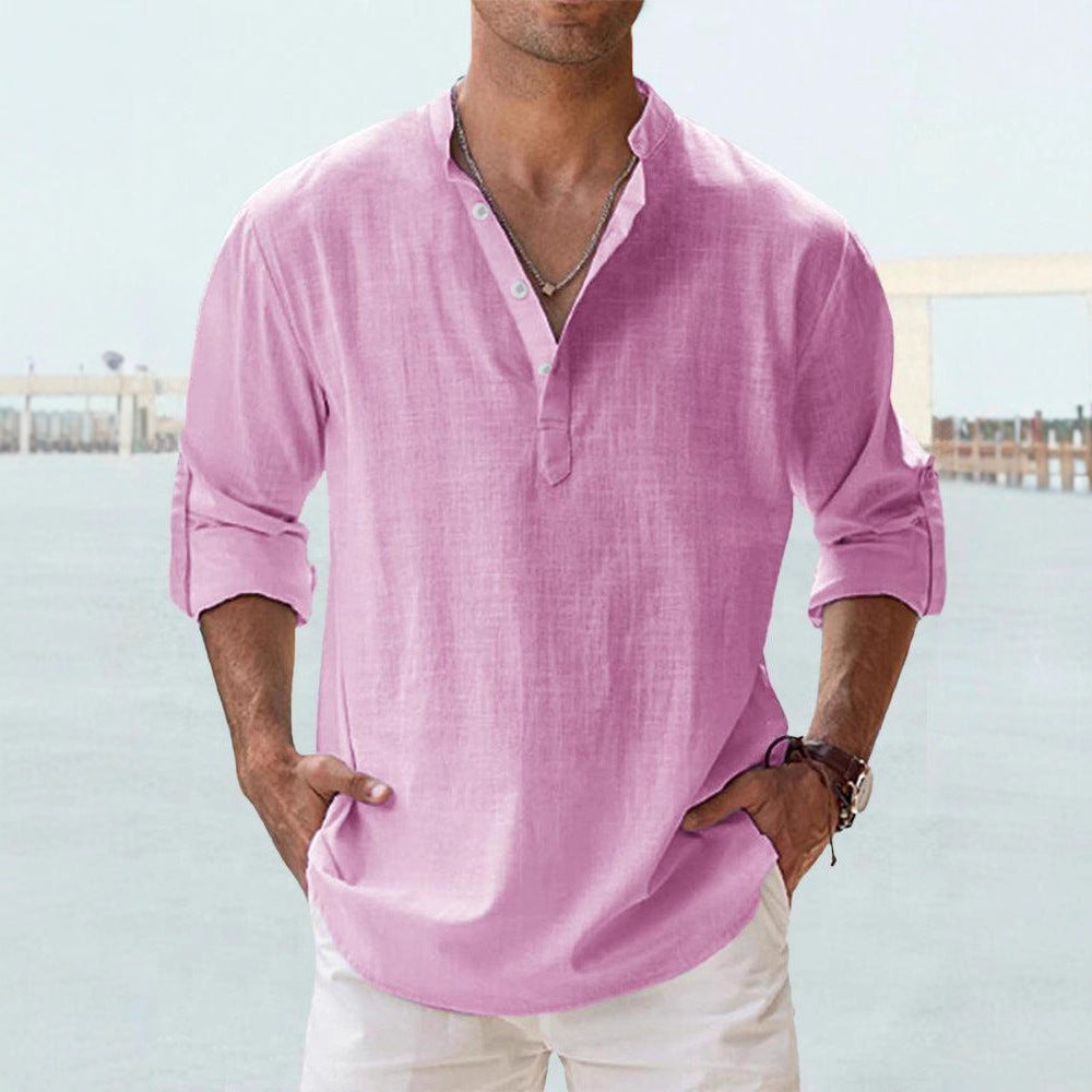Men's nan casual linen henley shirt with stand-up collar, roll-up sleeves, and rounded hem StylebySassy