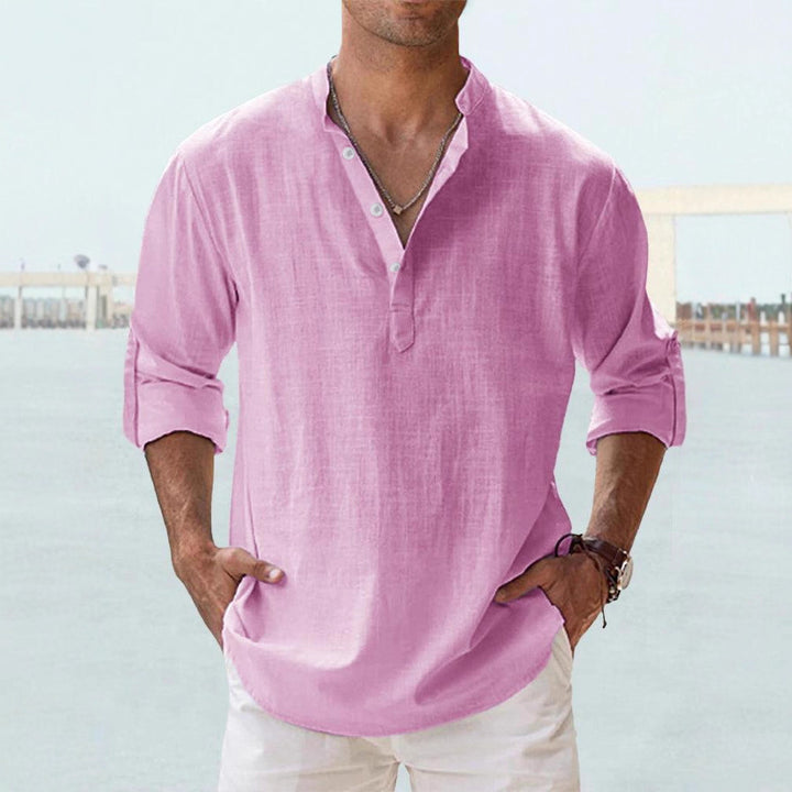 Men's nan casual linen henley shirt with stand-up collar, roll-up sleeves, and rounded hem StylebySassy