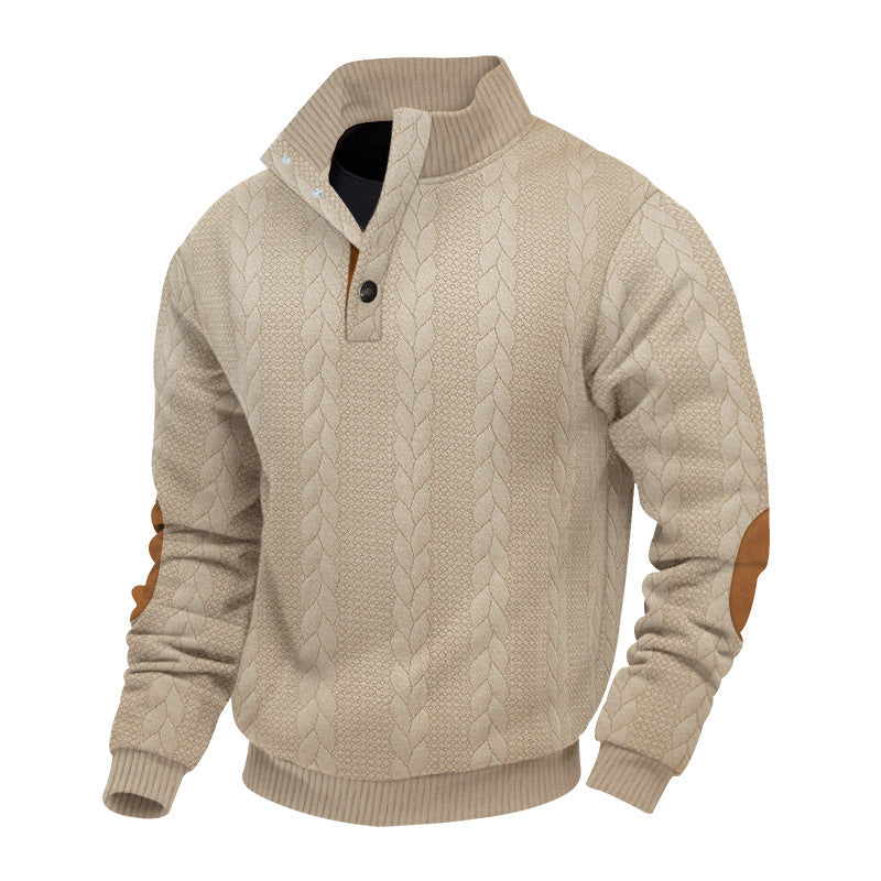 Men's cable knit turtleneck with stand-up collar, half button placket, and contrasting leather applications StylebySassy