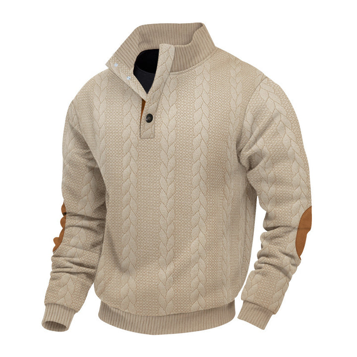 Men's cable knit turtleneck with stand-up collar, half button placket, and contrasting leather applications StylebySassy