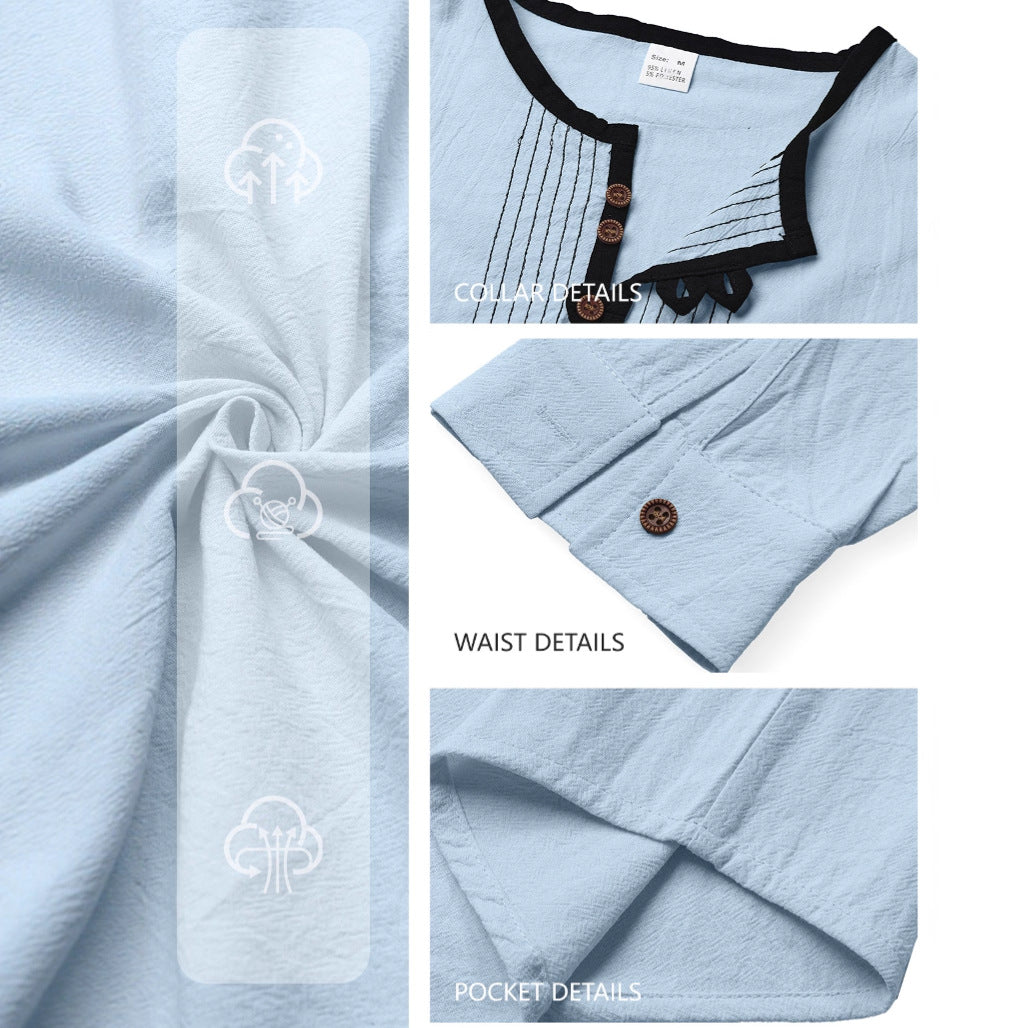 Men's Casual Linen Blend Long Sleeve Shirt with Decorative Button Placket and Decorative Stitching StylebySassy