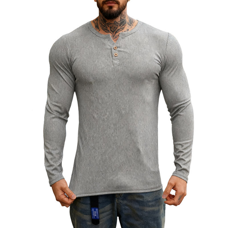 Men's ribbed long-sleeve Henley shirt with flat button placket and fitted stretch fit StylebySassy