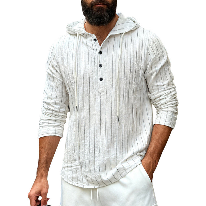 Men's linen blend hoodie shirt with half button placket and pinstripes StylebySassy