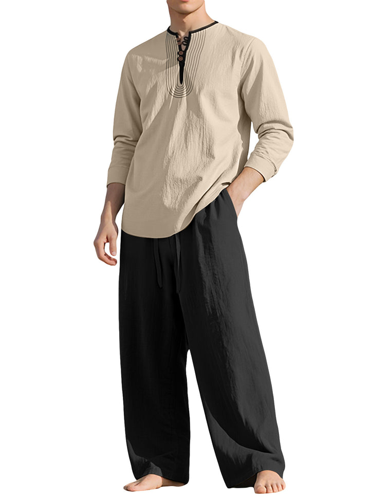 Men's tunic and Palazzo pants set with Henley placket, decorative embroidery and wide cut StylebySassy