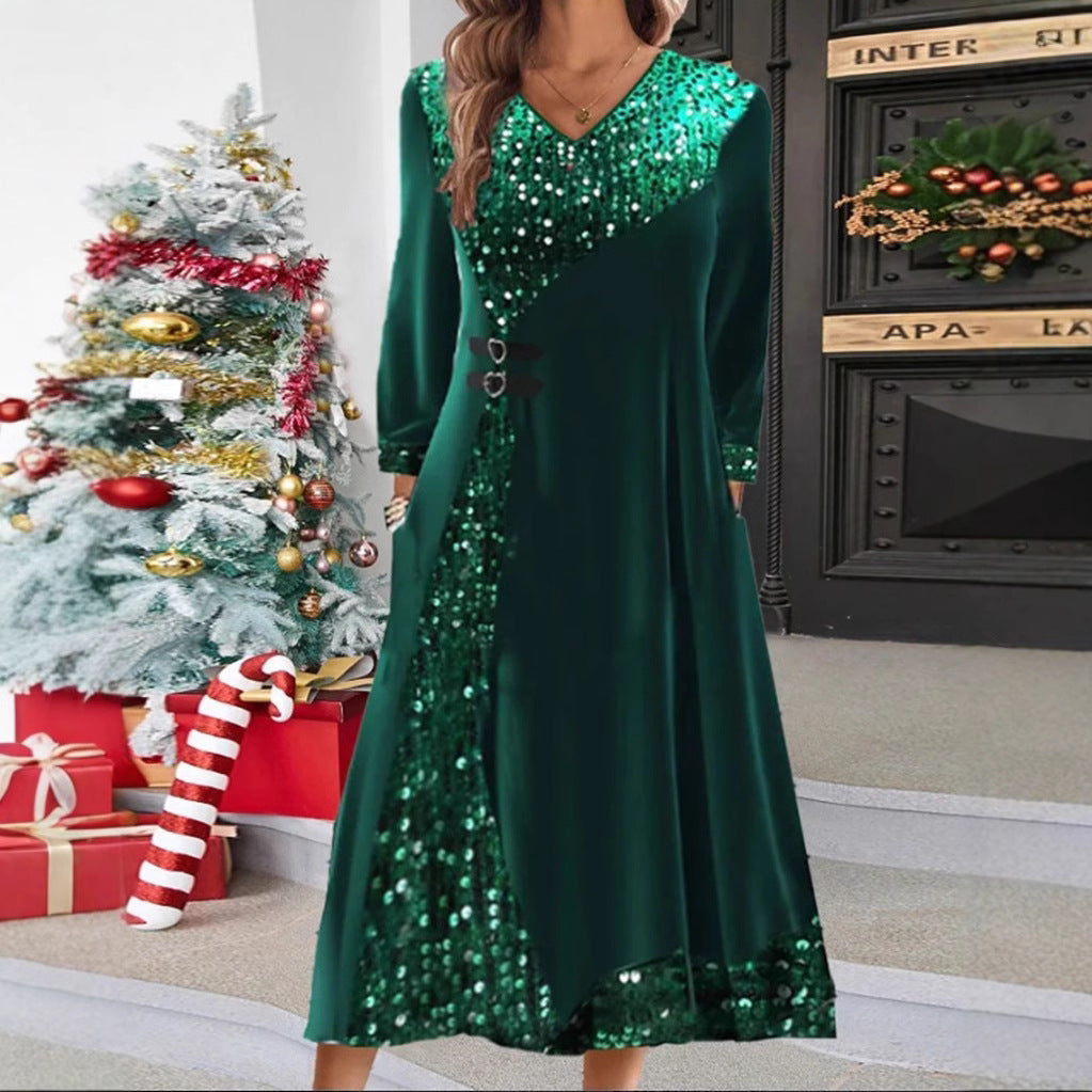 Women's festive sequin panel maxi dress with V-neck long sleeves and decorative waist belts StylebySassy