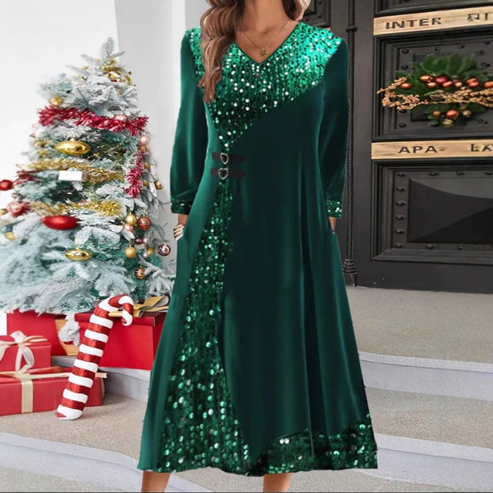 Women's festive sequin panel maxi dress with V-neck long sleeves and decorative waist belts StylebySassy