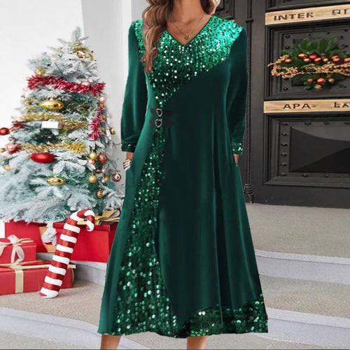 Women's festive sequin panel maxi dress with V-neck long sleeves and decorative waist belts StylebySassy
