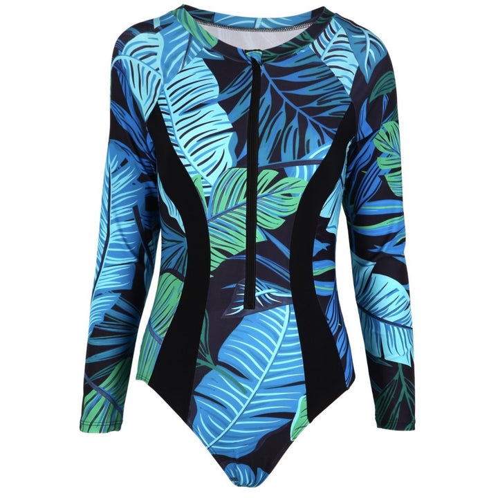 Ladies Sporty Long Sleeve Swimsuit with Zipper and Floral Pattern StylebySassy
