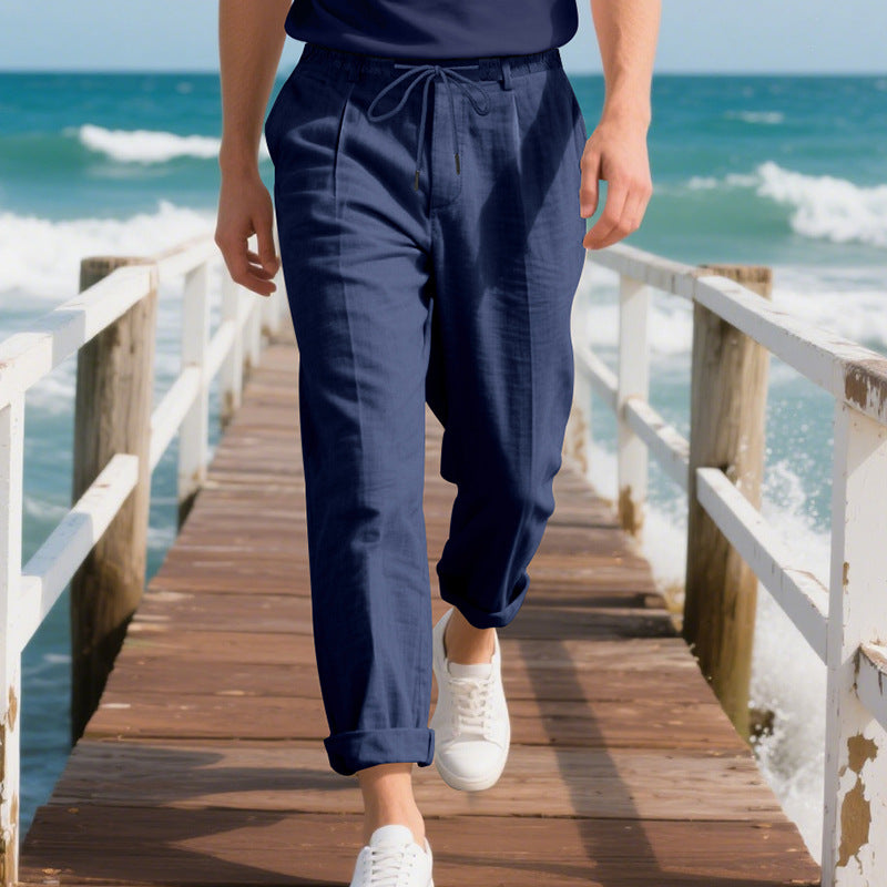 Men's beach-suitable linen blend lounge pants with elastic drawstring, subtle pleat, and rolled ankle hem StylebySassy