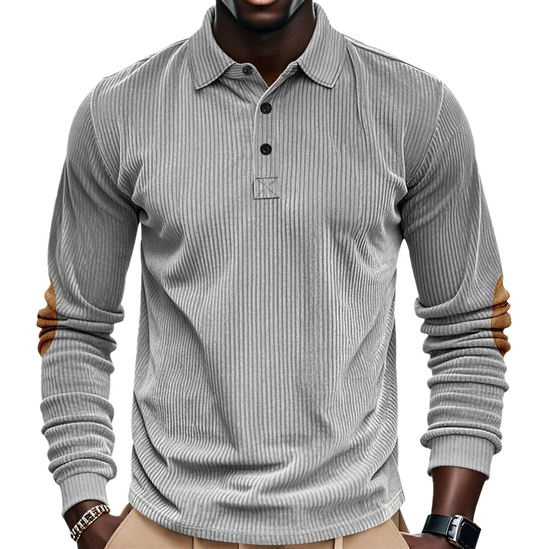 Men's ribbed long sleeve polo shirt with Henley placket and velour-like elbow patches StylebySassy