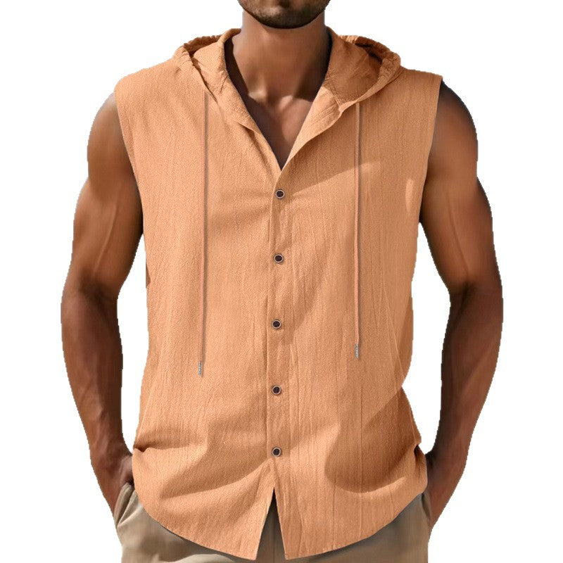 Men's sleeveless hooded shirt made of crepe-structured cotton blend with continuous button placket and drawstring StylebySassy