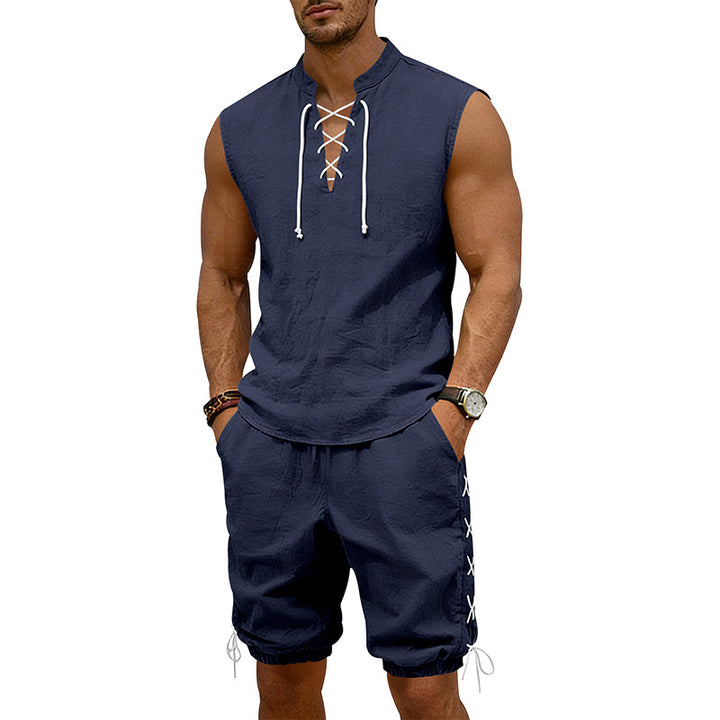 Men's sleeveless leisure set with lace collar and drawstring Bermuda StylebySassy