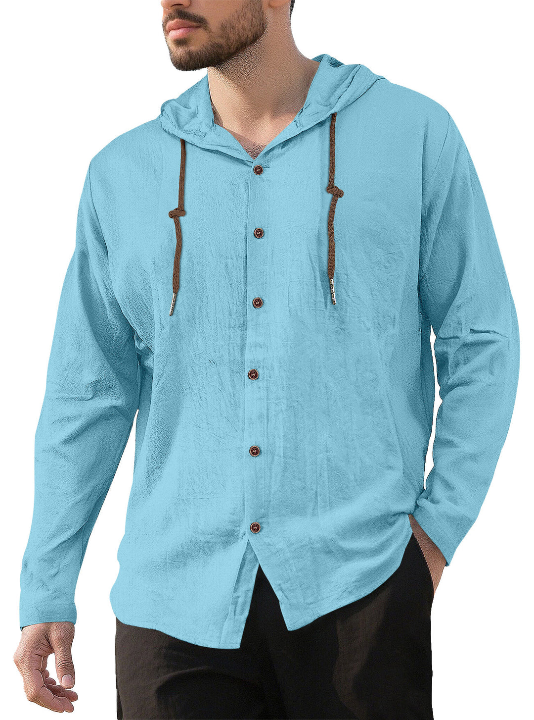 Men's textured linen blend hooded shirt with button placket, wood buttons, and side slits StylebySassy