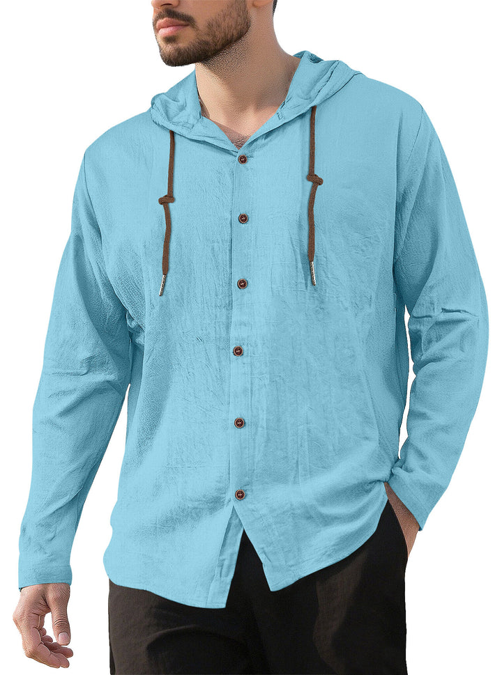 Men's textured linen blend hooded shirt with button placket, wood buttons, and side slits StylebySassy