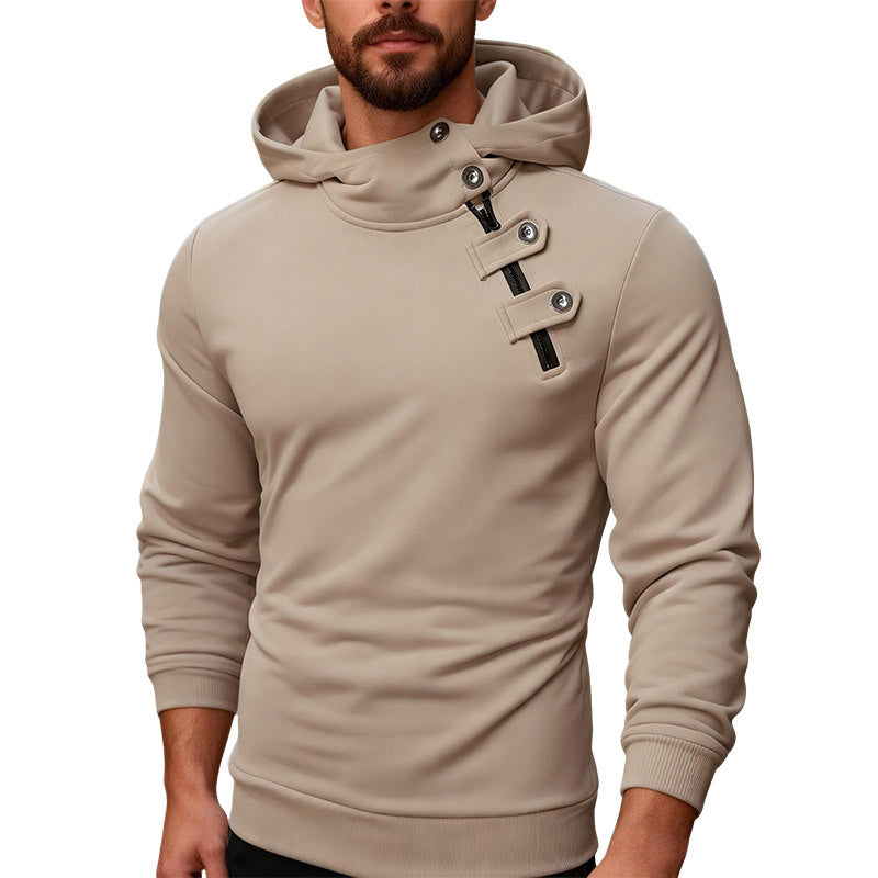 Men's fitted hoodie with high collar, decorative tabs and concealed diagonal zipper StylebySassy
